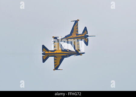 Singapore. 14 feb 2016. Display dell'antenna al Singapore Airshow 2016 (anteprima media). Aquile nere (T-50B jet fighter) dalla Repubblica di Corea Air Force (ROKAF). Foto Stock