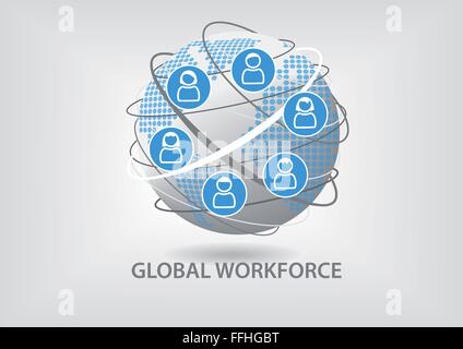 La forza lavoro globale del concetto. Illustrazione del lavoro di squadra collaborativo con le icone dei dipendenti Illustrazione Vettoriale