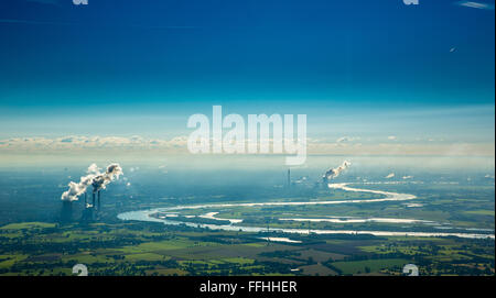 Vista aerea, Reno meandro del Voerde Duisburg e visto da Rheinberg, corso del Reno, regione del Basso Reno idillio,paesaggi industriali Foto Stock