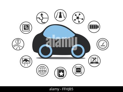 Auto auto di guida e il concetto di veicolo autonomo. Icona del driverless auto con sensori come lane assistenza, head up display Illustrazione Vettoriale