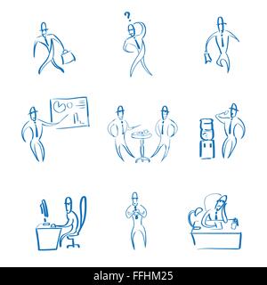 Business man Working Set di routine quotidiana disegnare a mano Illustrazione Vettoriale