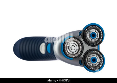 Rasoio elettrico closeup su sfondo bianco. Foto Stock