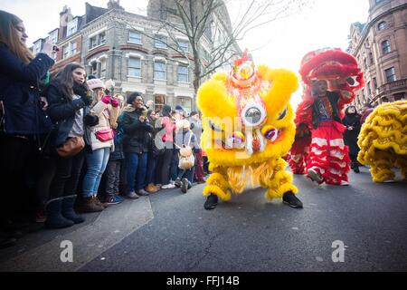 Lodnon, Regno Unito. Xiv Feb, 2016. British cinese di festeggiare il Capodanno cinese con il drago e il leone danza prestazioni nella Chinatown di Londra. La celebrazione attrae migliaia di spettatori. Credito: Geovien in modo pacifico/press/Alamy Live News Foto Stock