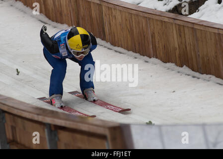 Ljubno, Slovenia. Xiv Feb, 2016. Susanna Forsstroem di Finlandia compete durante Ljubno FIS Ski Jumping World Cup a Ljubno, Slovenia il 14 febbraio 2016. Credito: Rok Rakun/Pacific Press/Alamy Live News Foto Stock