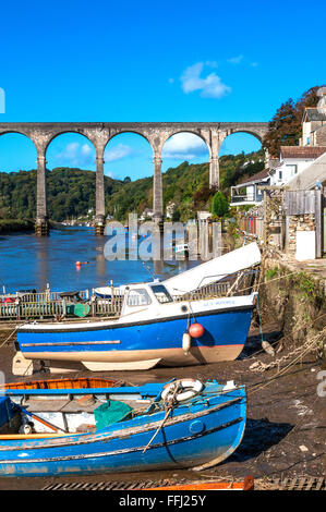 Il viadotto ferroviario corre sopra il fiume Tamar a Calstock in Cornwall, Regno Unito Foto Stock