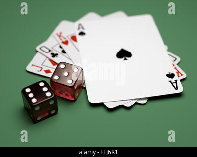 Carte da gioco e dadi isolato su sfondo verde, shallow DoF Foto Stock
