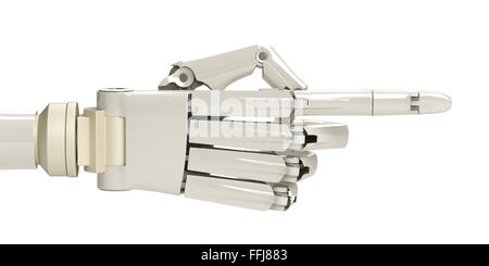 Robot meccanici di puntamento a mano o spingendo qualcosa di isolato su bianco Foto Stock