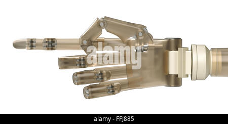 Robot meccanici di puntamento a mano o spingendo qualcosa di isolato su bianco Foto Stock