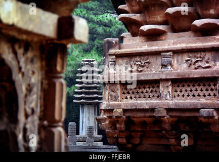 Pechino, Cina. Il 23 giugno, 2015. Foto scattata a giugno 23, 2015 mostra una pagoda di Jin Dynasty (265-376) al monastero Tanzhe, Pechino, capitale della Cina. Un totale di 75 tomba pagode per i monaci buddisti della antica Jin, Yuan, Ming e Qing sono visti presso il monastero. © Wang Song/Xinhua/Alamy Live News Foto Stock