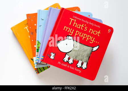 Pila di libri per bambini in che non è la mia serie permaloso Usborne-feely libri isolato su sfondo bianco con quello non è il mio cucciolo sulla parte superiore Foto Stock