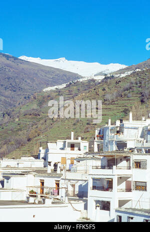 Vista di Capileira e picco di veleta da Pampaneira. La Alpujarra, provincia di Granada, Andalusia. Foto Stock