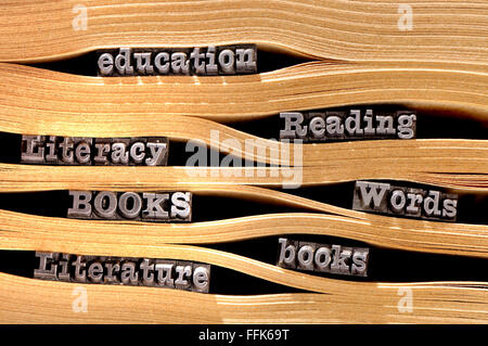 I caratteri di stampa in rilievo l'ortografia educative / parole di alfabetizzazione nelle pagine di un libro Foto Stock