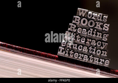 I caratteri di stampa in rilievo l'ortografia educative alfabetizzazione / parole su un libro Foto Stock