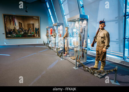 La mostra al Museo bielorussa della Grande Guerra Patriottica - i soldati alleati vincitori della Seconda Guerra Mondiale. Minsk, Bielorussia Foto Stock