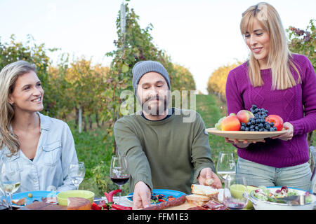Gruppo di amici su party in giardino con vigneto in background Foto Stock