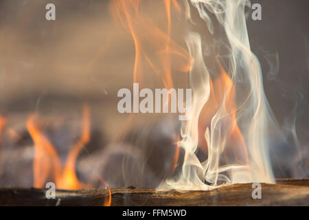 Abstract di close-up di fiamme da un registro di masterizzazione su un falò Foto Stock
