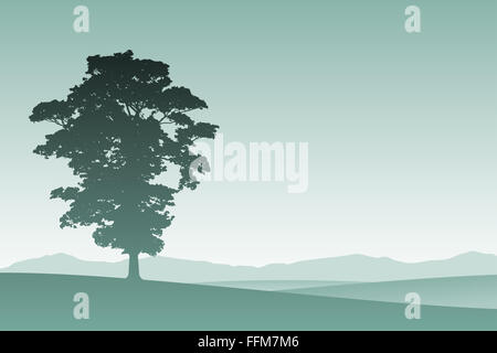 Un Lone Tree in Silhouette con prato paesaggio Foto Stock