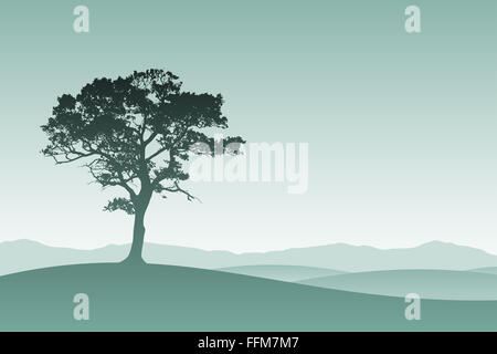 Un Lone Tree in Silhouette con prato paesaggio Foto Stock