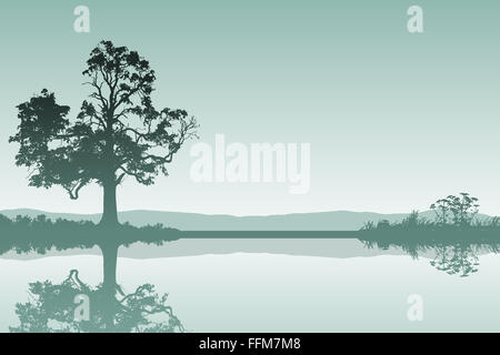 Un paesaggio di campagna con struttura ad albero e la riflessione in acqua Foto Stock