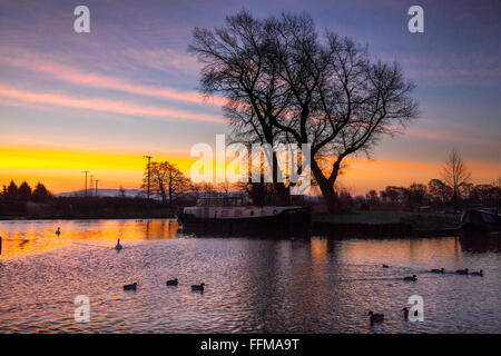 Rufford, Burscough, Preston, Lancashire, Regno Unito. Il 16 febbraio, 2016. Regno Unito: Meteo cieli nastrati all'alba. Un molto freddo ma colorate per iniziare la giornata per houseboat residenti presso il St Mary's Marina, sul Leeds Liverpool canal. Foto Stock