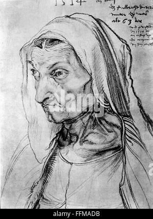 Dürer, Barbara, 1452 - 16.5.1514, madre di Albert Dürer, "Ritratto del fatalmente ill madre', disegno a carboncino da Albert Dürer, Norimberga, 1514, artista del diritto d'autore non deve essere cancellata Foto Stock