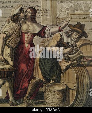 Alcol, vitigno, capo cantiniere versando acqua in vino, colorato di incisione su rame di Jacques Lagniet (1620 - 1672), 19 x 16,5 cm, Parigi, circa 1660, artista del diritto d'autore non deve essere cancellata Foto Stock