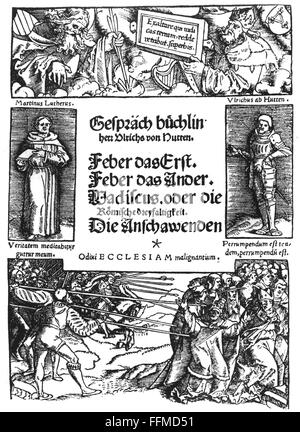 Hutten, Ulrich von, 2.4.1488 - 29.8.1523, cavaliere e umanista tedesco, opere, 'Gespraechbuechlin', cover, 1521, Foto Stock