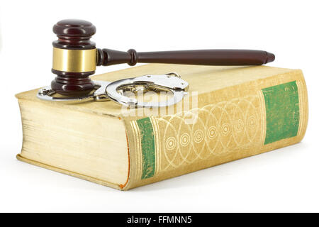 Legge libro, martello e manette Foto Stock