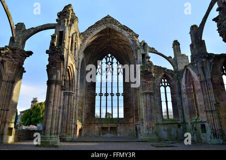 Rovine di Melrose Abbey, Scottish Borders, Regno Unito Foto Stock