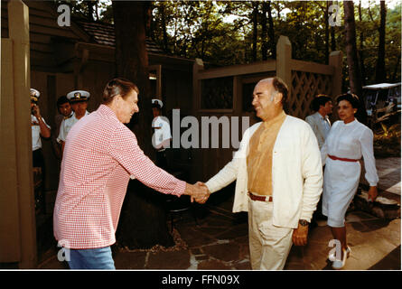 Thurmont, Maryland, Stati Uniti d'America. Xii gen, 2010. Il Presidente degli Stati Uniti Ronald Reagan incontra il presidente José López Portillo del Messico prima serata barbecue a Camp David, vicino Thurmont, Maryland il Lunedì, Giugno 8, 1981.Mandatory Credit: Michael Evans - White House via CNP © Michael Evans/CNP/ZUMA filo/Alamy Live News Foto Stock