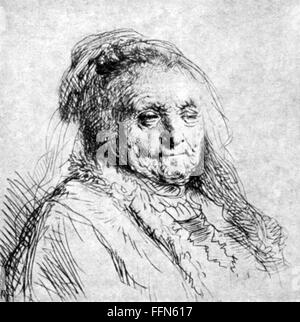 Zujtbrouck, Neeltgen Willemsdochter van, circa 1568 - 14.9.1640, madre di Rembrandt Harmenszoon van Rijn, ritratto, disegno a penna di Rembrandt, 1628, Foto Stock