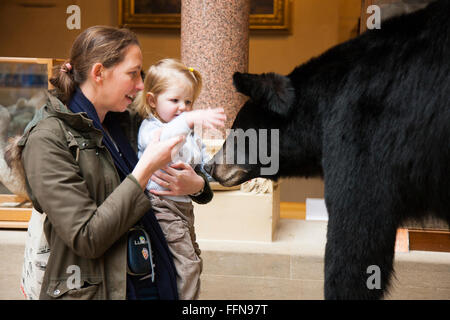 La mamma madre bimbo baby incontro un orso presentano presentano display mostra a Oxford University Museo di Storia Naturale. Regno Unito Foto Stock