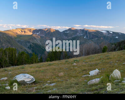 Guardando verso sud attraverso il Rock Creek Valley verso Beartooth Pass da sopra treeline, Absaroka-Beartooth deserto, Custer Nat Foto Stock