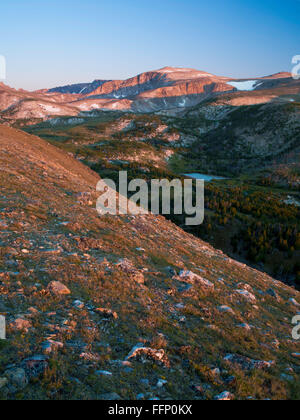 Il sole sorge sul monte di retroguardia in Absaroka-Beartooth deserto e oltre Hellroaring Creek; Custer National Forest, vicino Foto Stock