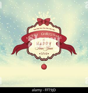 Sfondo di natale con giornata invernale, Foresta, Vintage telaio con nastro e titolo Iscrizione Illustrazione Vettoriale