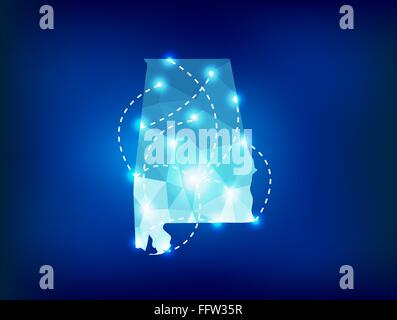 Lo stato dell'Alabama mappa poligonale con luci spot luoghi Illustrazione Vettoriale