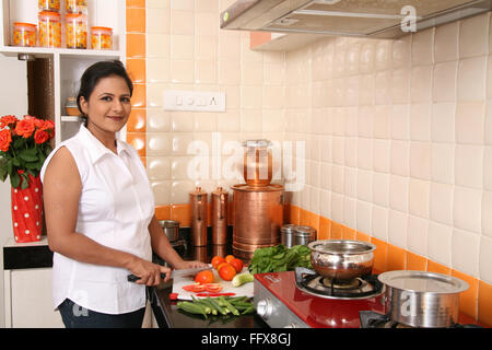 South Asian Indian giovane donna che indossa abiti occidentali e lavorando nella cucina moderna signor#687N Foto Stock