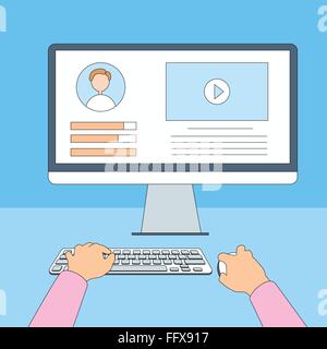 Desktop di tipo mani lavorano utilizzando Computer linea sottile Illustrazione Vettoriale