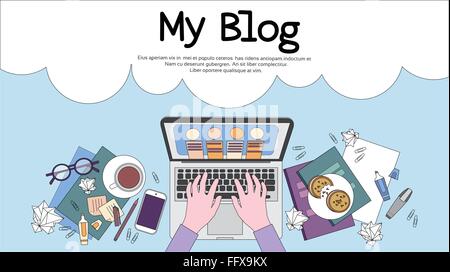 Imprenditore Scrivania sul posto di lavoro le mani lavorando Laptop Angolo superiore sopra Visualizza Ufficio Spazio di copia Illustrazione Vettoriale