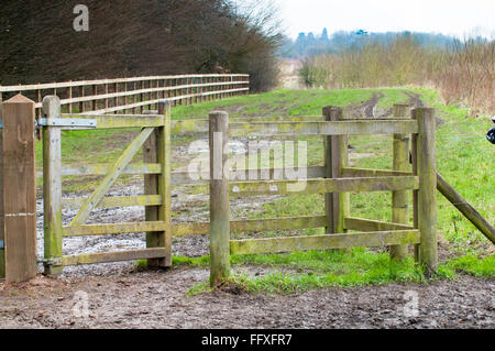 Il cancello aperto per un fangoso sentiero di campagna Foto Stock