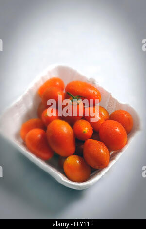 Verdure , di gocce di acqua per i pomodori nel vassoio su sfondo bianco Foto Stock