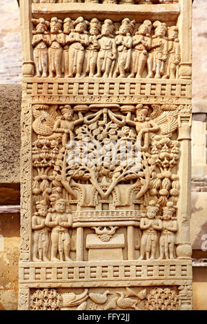 Vista ravvicinata mostra storie di Buddha sul pannello superiore del pilastro sud orientale stupa gateway 1 Sanchi Bhopal Madhya Pradesh Foto Stock