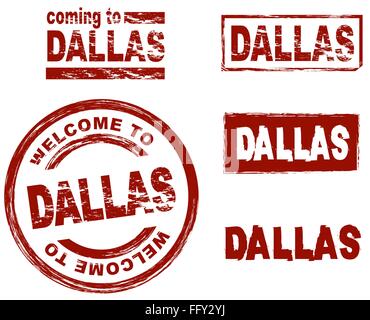 Set di inchiostro stilizzata timbri che mostra la città di Dallas Illustrazione Vettoriale