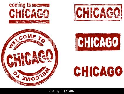 Set di inchiostro stilizzata timbri che mostra la città di Chicago Illustrazione Vettoriale