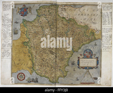 Una mappa stampata del Devon del 1575, con note marginali di Lord Burghley sulla difesa della contea. La mappa fornisce informazioni preziose sulle strategie militari e sulla disposizione geografica dell'area durante la fine del XVI secolo. Foto Stock