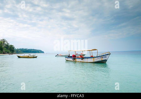 Barche a motore che stava trasportando i turisti parcheggiato a Elephant Beach, Havelock Island, Andaman, India Foto Stock