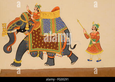 La pittura murale di elefante a Shilpgram Udaipur Rajasthan in India Foto Stock