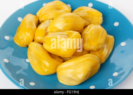 La frutta tropicale Jackfruit (jakfruit, jack, jak) sulla piastra blu su sfondo bianco. Messa a fuoco selettiva Foto Stock