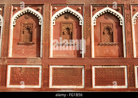 Cornici intagliate della parete esterna del palazzo di Jahangir all'interno di red fort , Agra , Uttar Pradesh , India Foto Stock