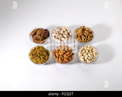 Dryfruit e dado ; mandorle uvetta cashewnuts figure Pistacchi Noci comuni in ciotole su sfondo bianco Foto Stock